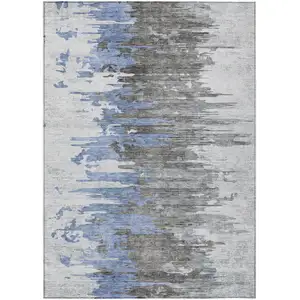 Photo of Blue Gray And Silver Abstract Washable Indoor Outdoor Area Rug