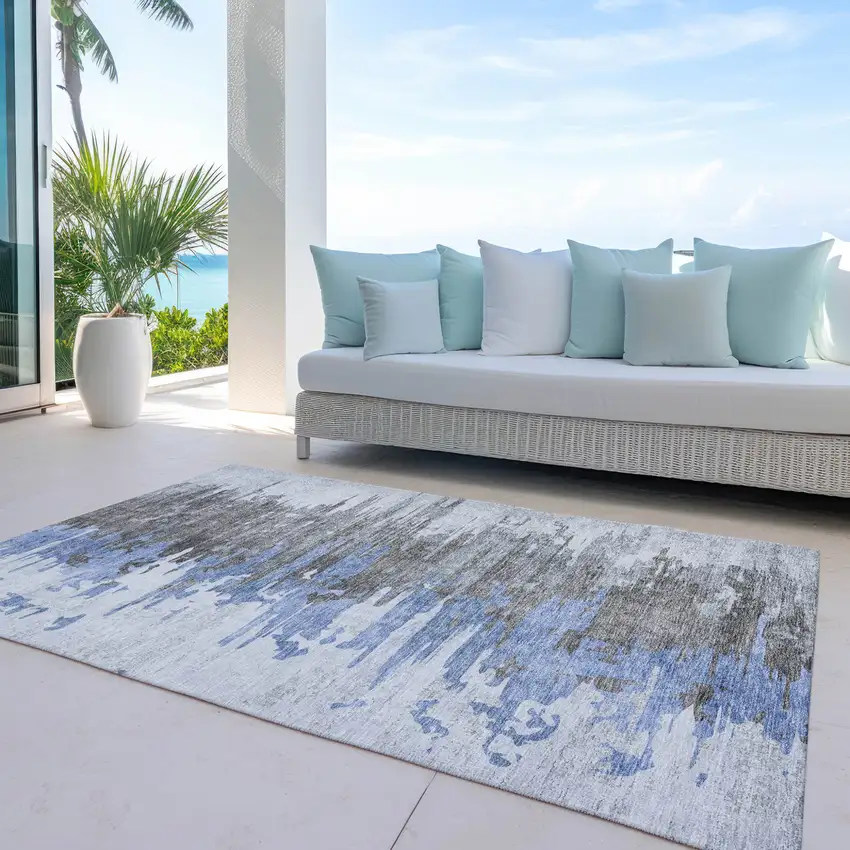 Blue Gray And Silver Abstract Washable Indoor Outdoor Area Rug Photo 9