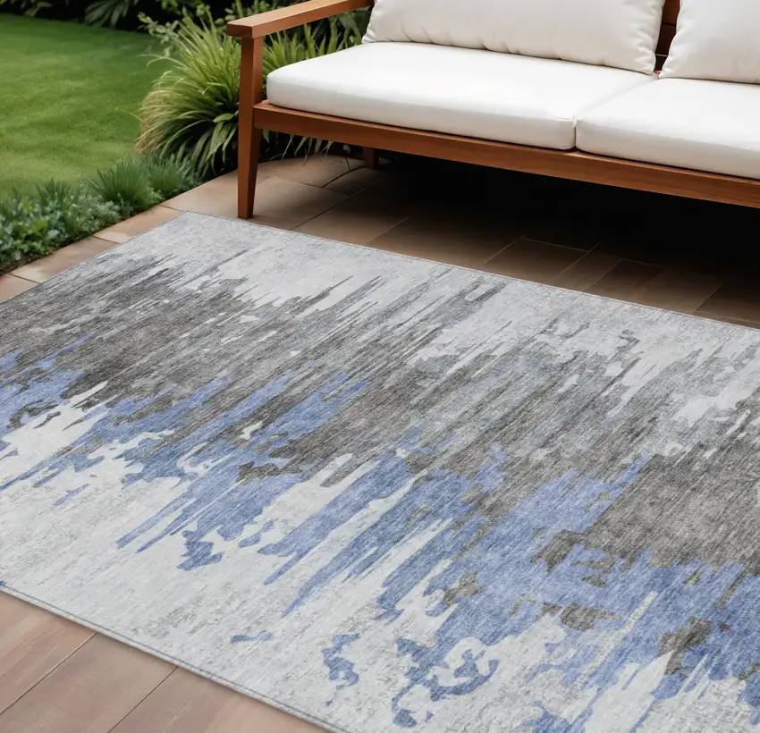 Blue Gray And Silver Abstract Washable Indoor Outdoor Area Rug Photo 1
