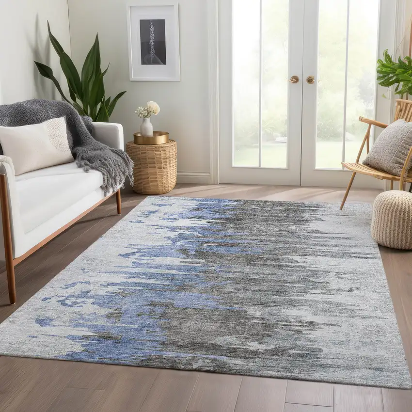 Blue Gray And Silver Abstract Washable Indoor Outdoor Area Rug Photo 8