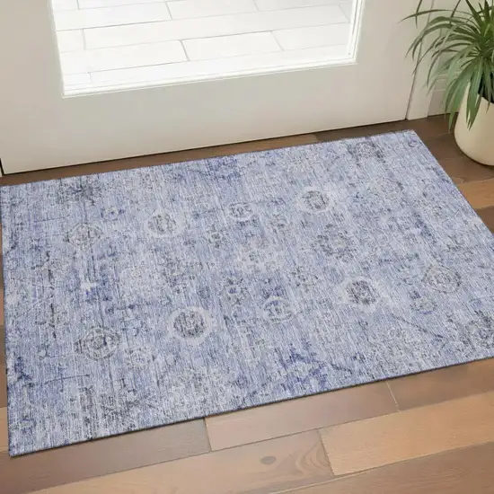 Blue Gray And Silver Damask Washable Area Rug With UV Protection Photo 1