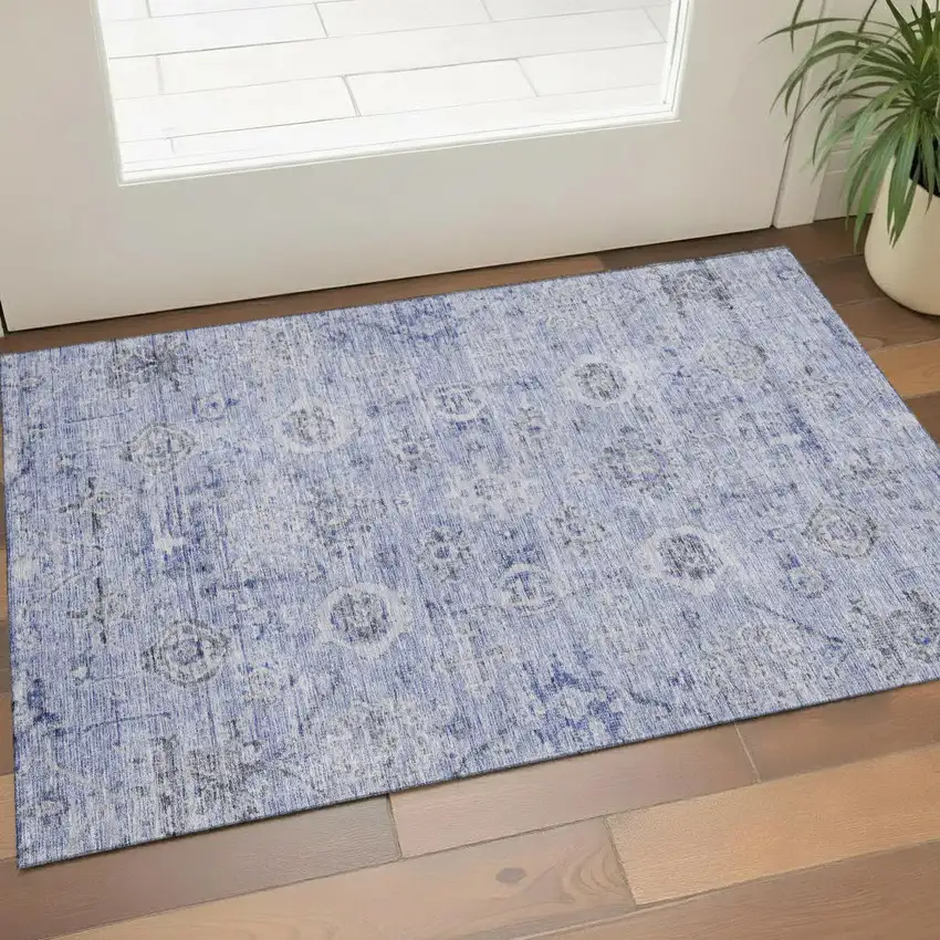 Blue Gray And Silver Damask Washable Area Rug With UV Protection Photo 1
