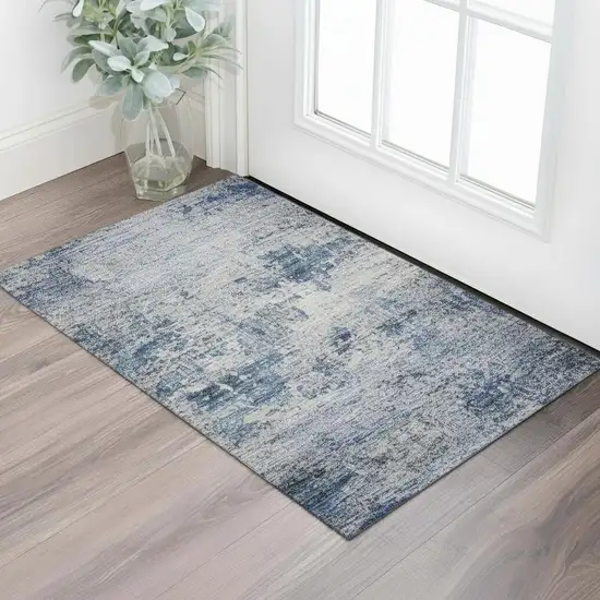 Blue Gray And Silver Damask Washable Area Rug With UV Protection Photo 2
