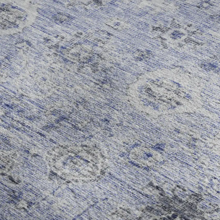 Blue Gray And Silver Damask Washable Area Rug With UV Protection Photo 2