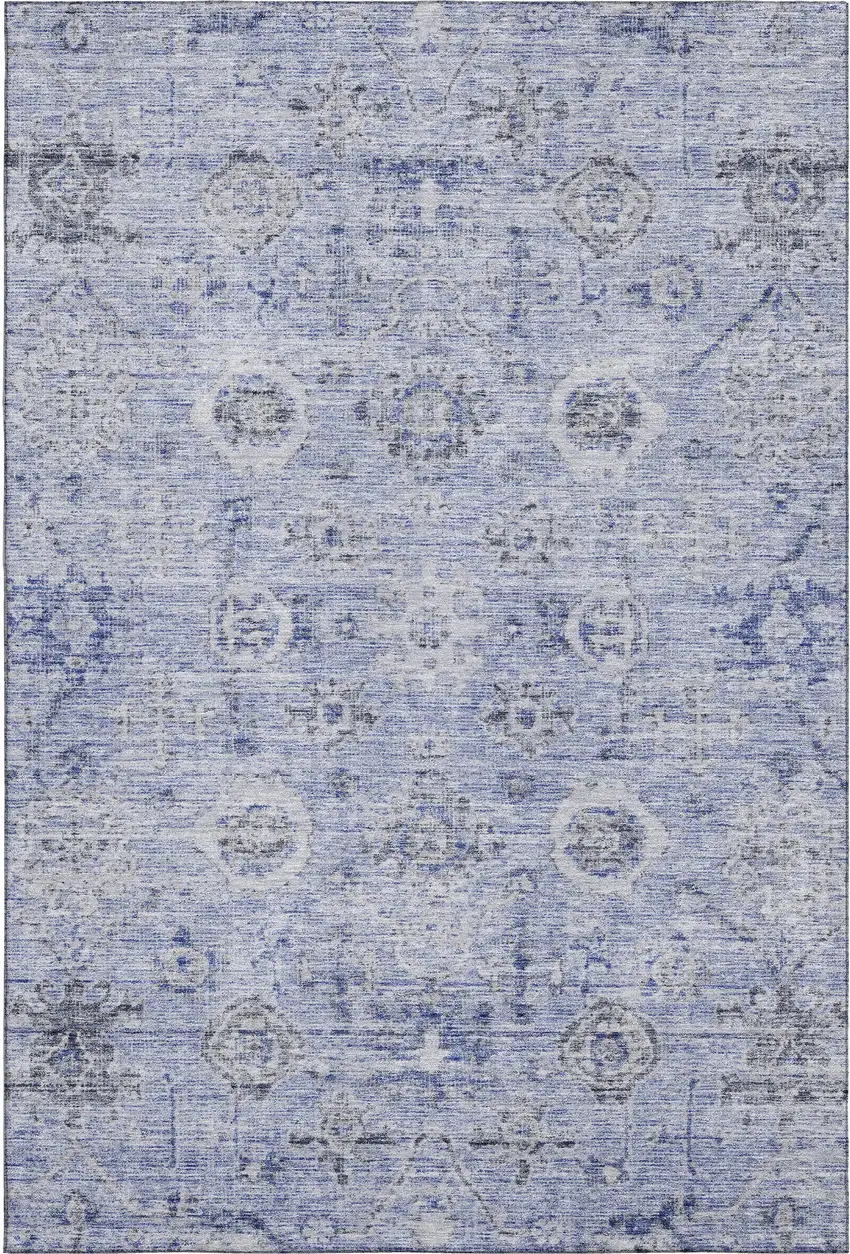 Blue Gray And Silver Damask Washable Area Rug With UV Protection Photo 5