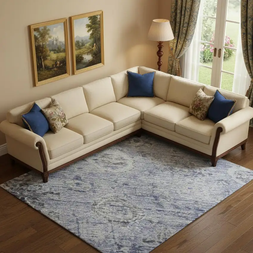 Blue Gray And Silver Damask Washable Area Rug With UV Protection Photo 2