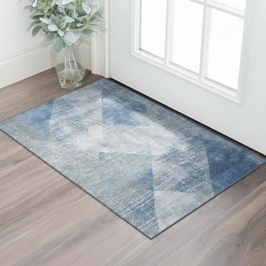 Blue Gray And Silver Diamond Washable Area Rug With UV Protection Photo 2