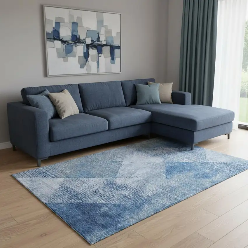 Blue Gray And Silver Diamond Washable Area Rug With UV Protection Photo 2