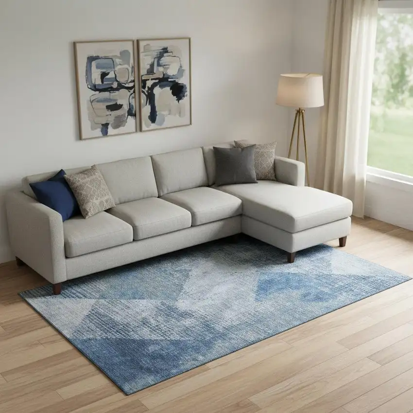 Blue Gray And Silver Diamond Washable Area Rug With UV Protection Photo 2