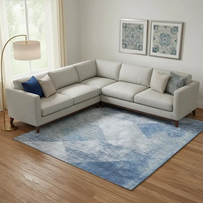 Blue Gray And Silver Diamond Washable Area Rug With UV Protection Photo 2