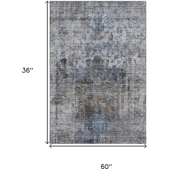 Blue Gray And Silver Floral Medallion Washable Area Rug With UV Protection Photo 3