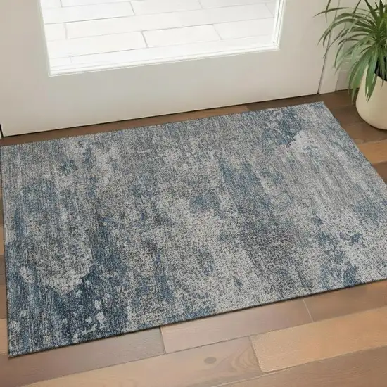 Blue Gray And Silver Floral Medallion Washable Area Rug With UV Protection Photo 2