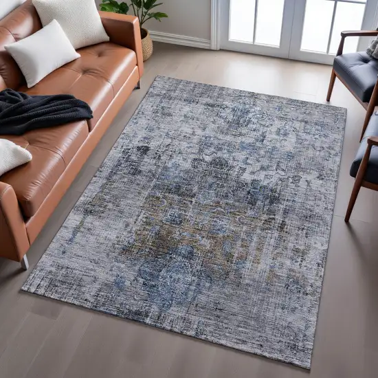 Blue Gray And Silver Floral Medallion Washable Area Rug With UV Protection Photo 5