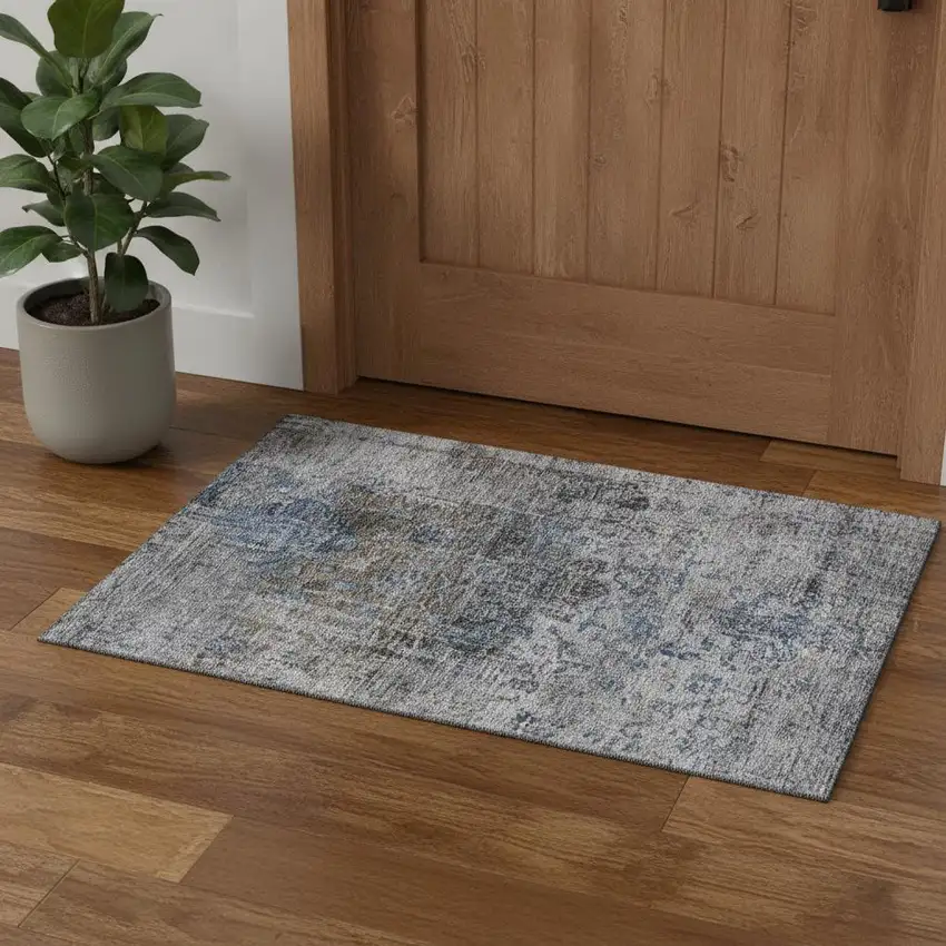 Blue Gray And Silver Floral Medallion Washable Area Rug With UV Protection Photo 1