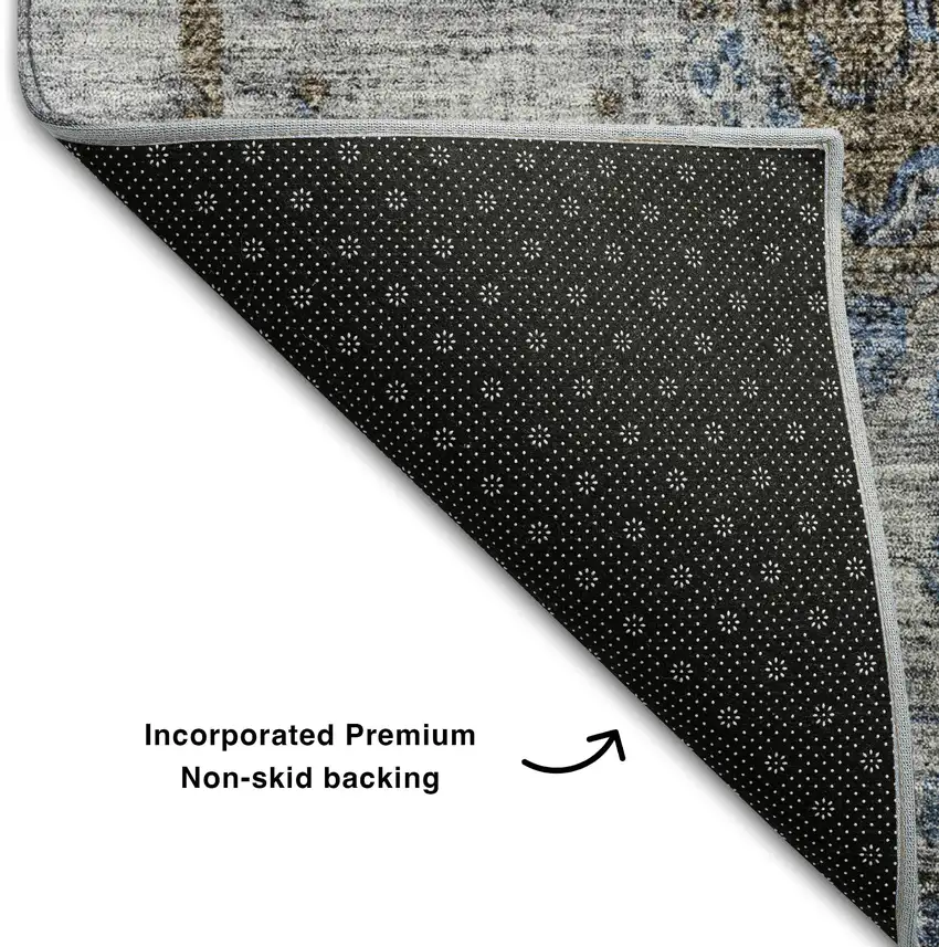 Blue Gray And Silver Floral Medallion Washable Area Rug With UV Protection Photo 7