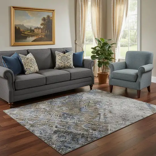 Blue Gray And Silver Floral Medallion Washable Area Rug With UV Protection Photo 2