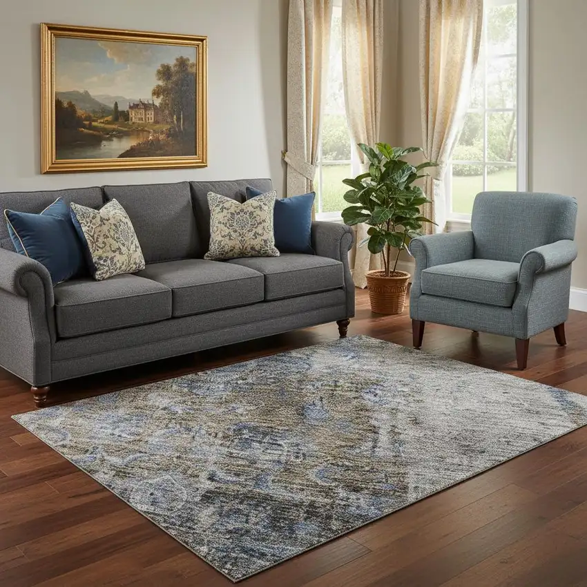 Blue Gray And Silver Floral Medallion Washable Area Rug With UV Protection Photo 2