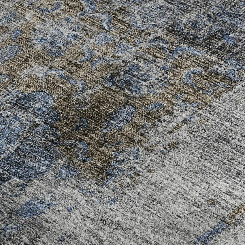 Blue Gray And Silver Floral Medallion Washable Area Rug With UV Protection Photo 3