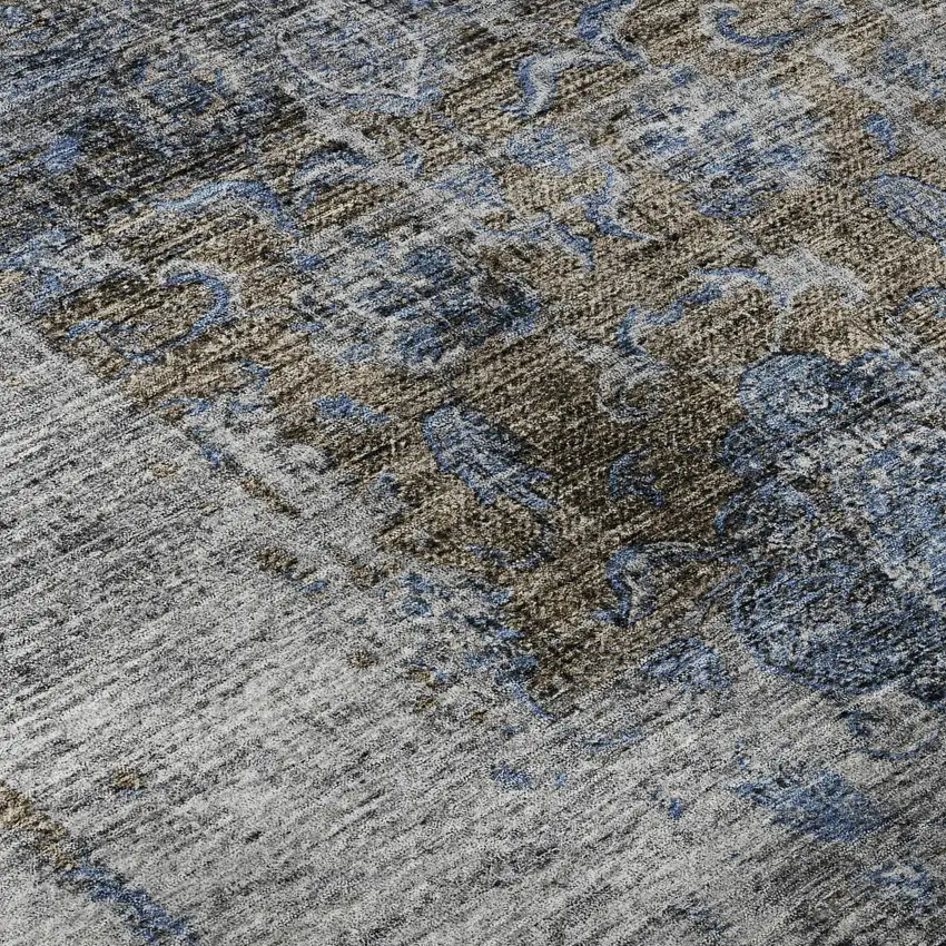 Blue Gray And Silver Floral Medallion Washable Area Rug With UV Protection Photo 1