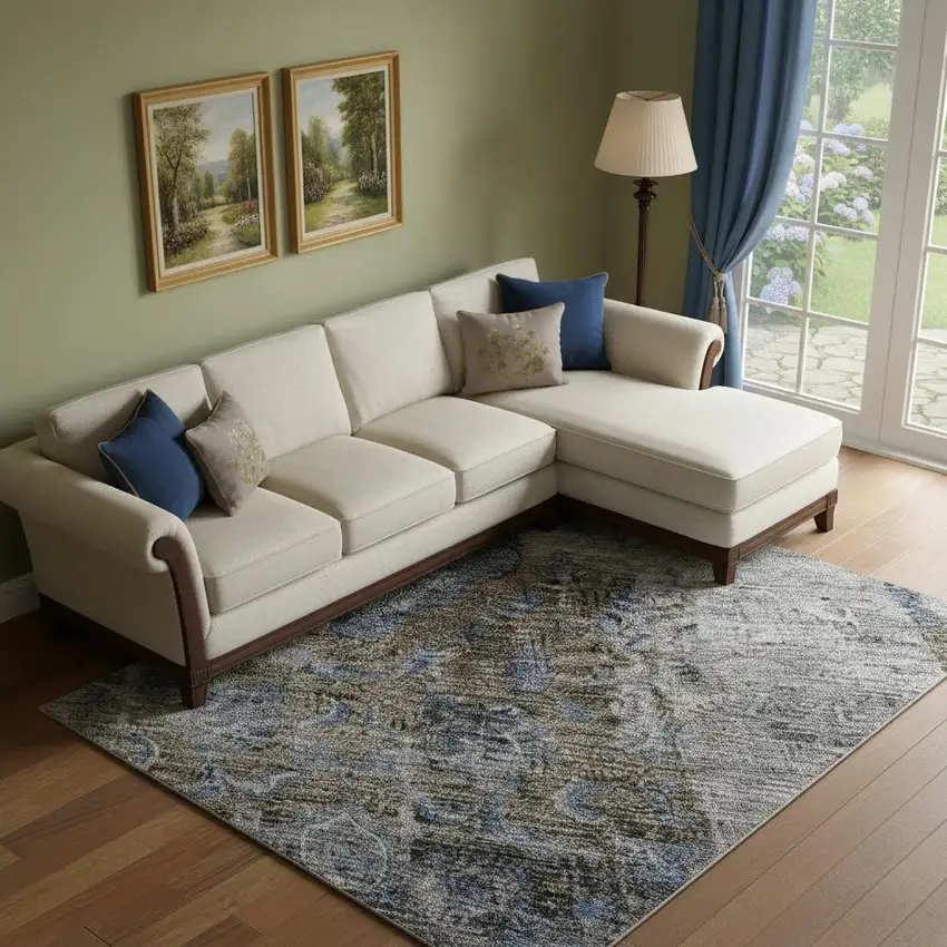 Blue Gray And Silver Floral Medallion Washable Area Rug With UV Protection Photo 2