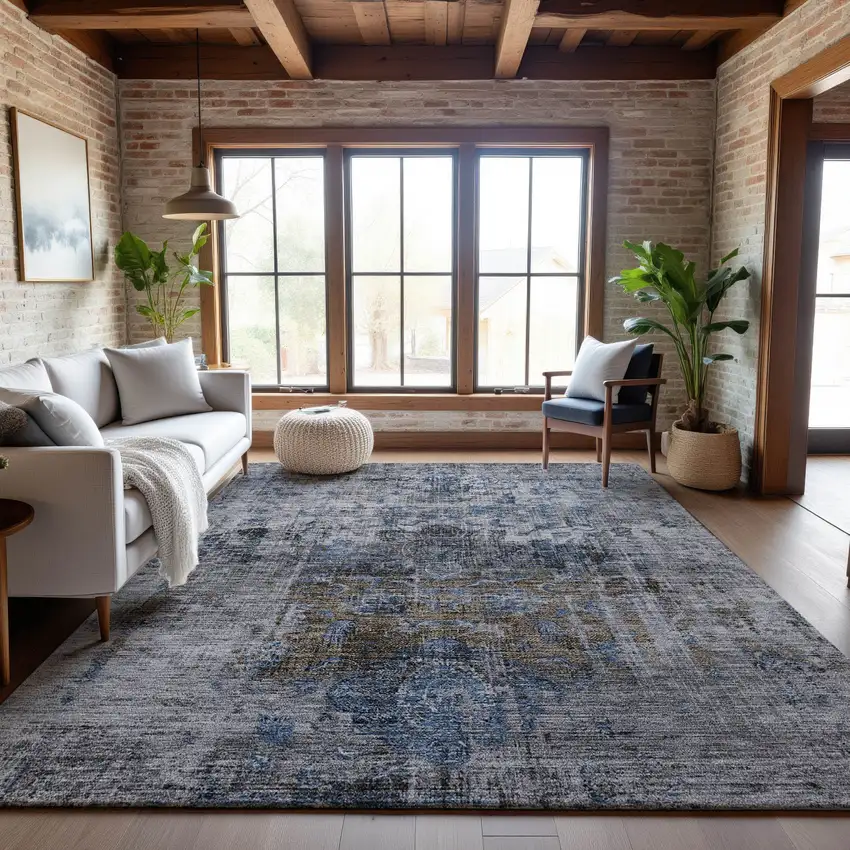 Blue Gray And Silver Floral Medallion Washable Area Rug With UV Protection Photo 4