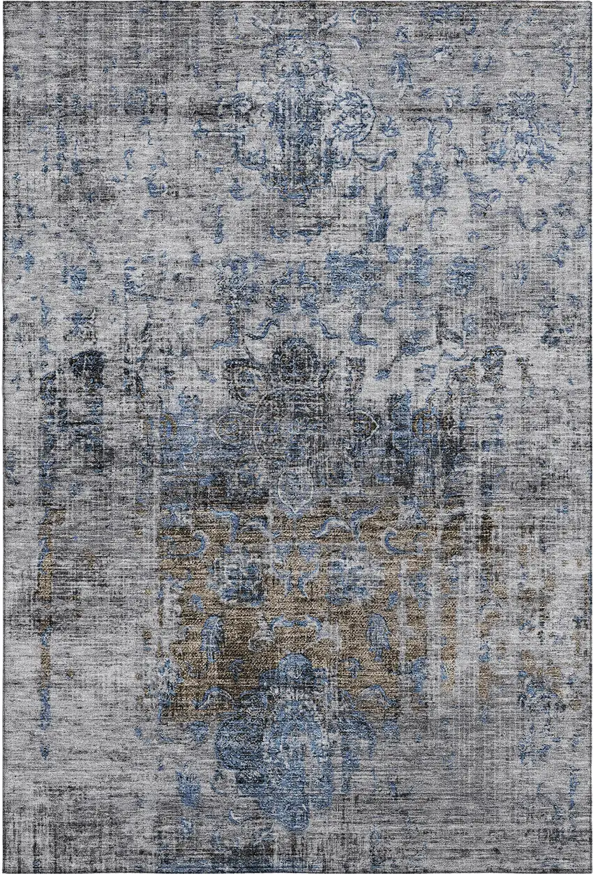Blue Gray And Silver Floral Medallion Washable Area Rug With UV Protection Photo 6