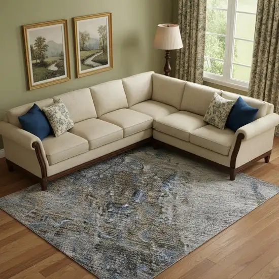 Blue Gray And Silver Floral Medallion Washable Area Rug With UV Protection Photo 2