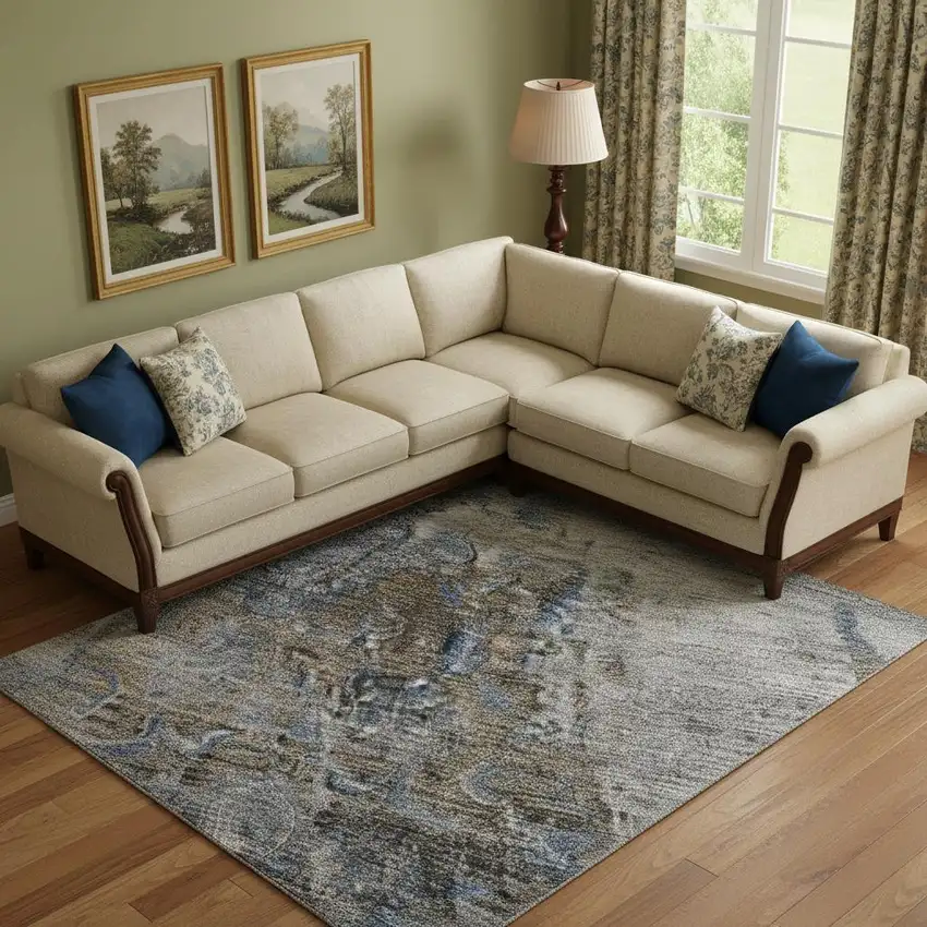 Blue Gray And Silver Floral Medallion Washable Area Rug With UV Protection Photo 2