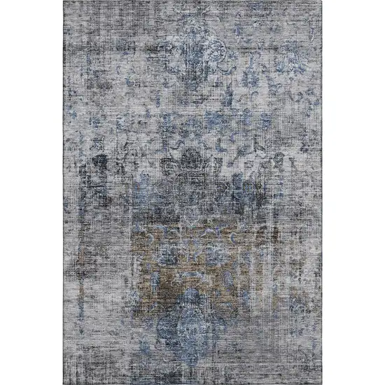 Blue Gray And Silver Floral Medallion Washable Area Rug With UV Protection Photo 6