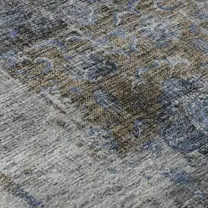 Photo of Blue Gray And Silver Floral Medallion Washable Area Rug With UV Protection