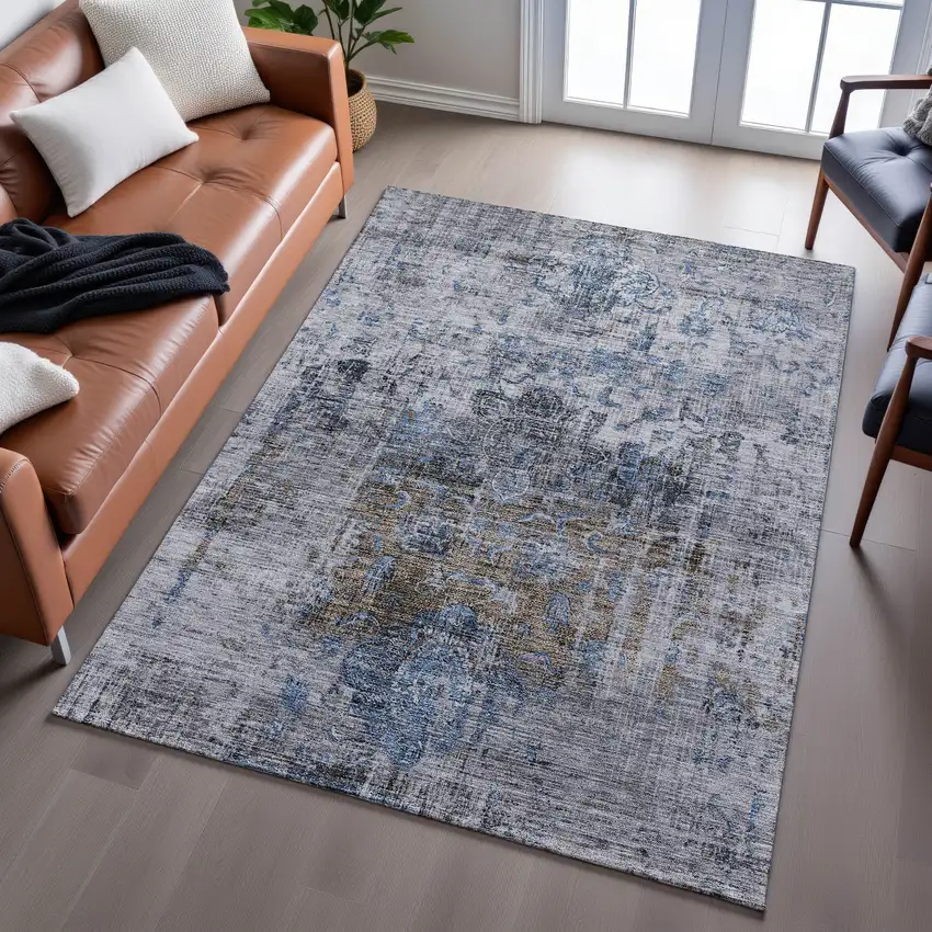 Blue Gray And Silver Floral Medallion Washable Area Rug With UV Protection Photo 6