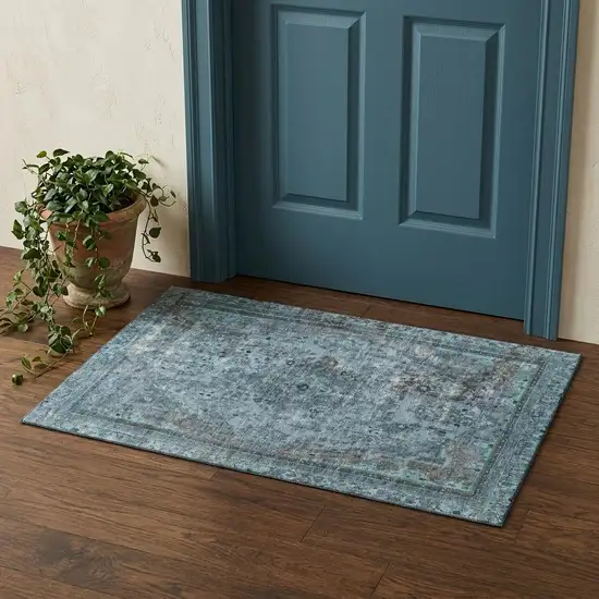 Blue Gray And Silver Floral Medallion Washable Area Rug With UV Protection Photo 1