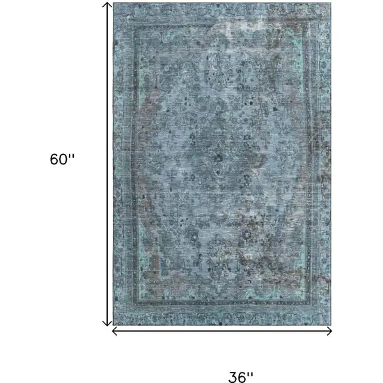 Blue Gray And Silver Floral Medallion Washable Area Rug With UV Protection Photo 9