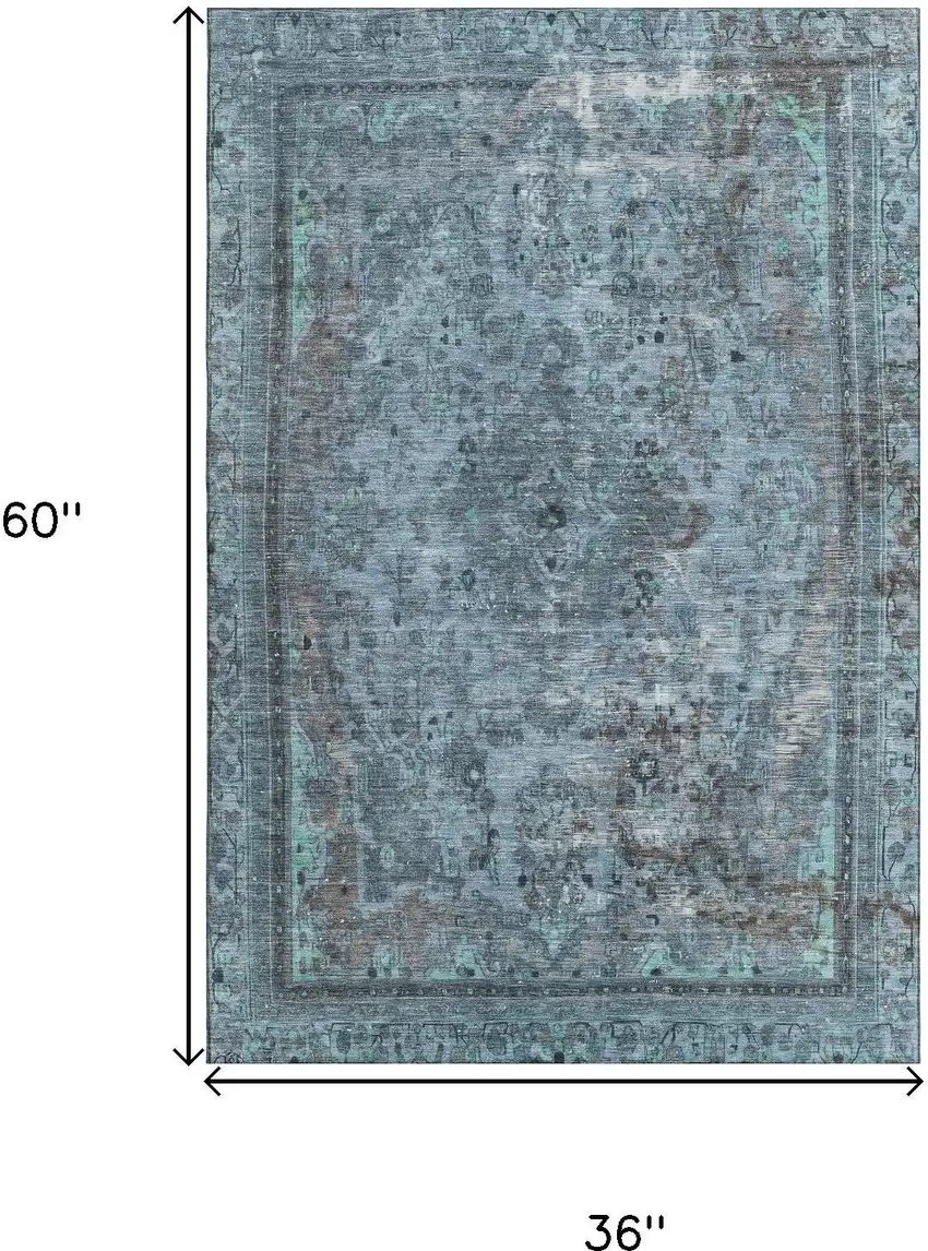 Blue Gray And Silver Floral Medallion Washable Area Rug With UV Protection Photo 9