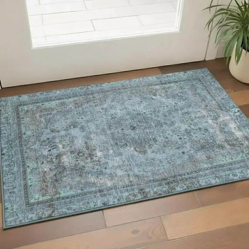 Blue Gray And Silver Floral Medallion Washable Area Rug With UV Protection Photo 2