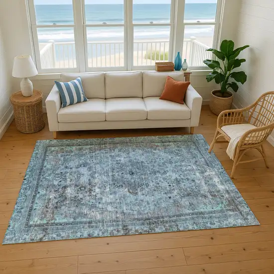 Blue Gray And Silver Floral Medallion Washable Area Rug With UV Protection Photo 4