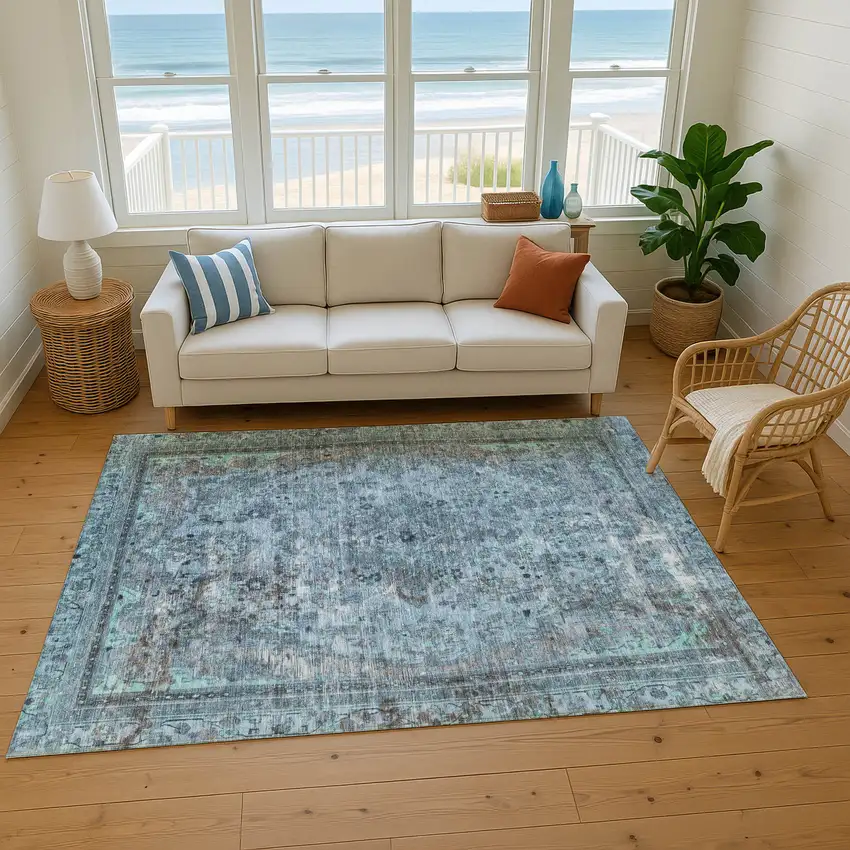 Blue Gray And Silver Floral Medallion Washable Area Rug With UV Protection Photo 4