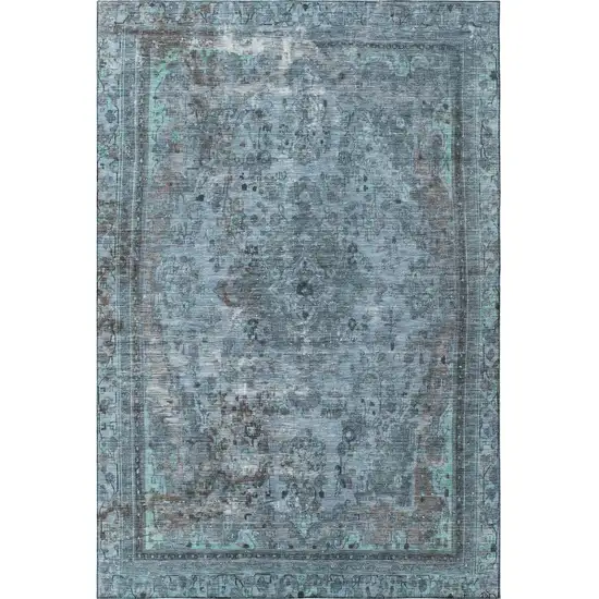 Blue Gray And Silver Floral Medallion Washable Area Rug With UV Protection Photo 3
