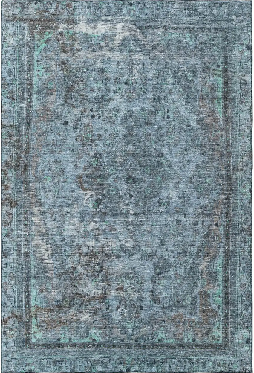 Blue Gray And Silver Floral Medallion Washable Area Rug With UV Protection Photo 3