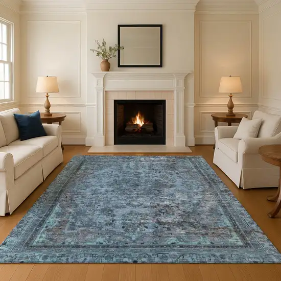Blue Gray And Silver Floral Medallion Washable Area Rug With UV Protection Photo 4