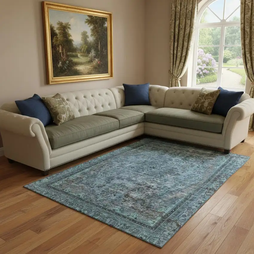 Blue Gray And Silver Floral Medallion Washable Area Rug With UV Protection Photo 2