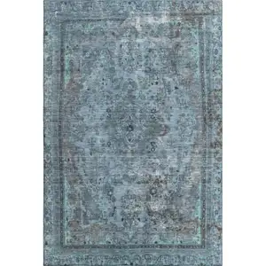 Photo of Blue Gray And Silver Floral Medallion Washable Area Rug With UV Protection