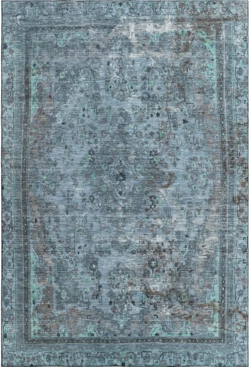 Blue Gray And Silver Floral Medallion Washable Area Rug With UV Protection Photo 1