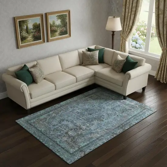 Blue Gray And Silver Floral Medallion Washable Area Rug With UV Protection Photo 2