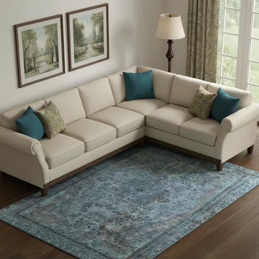 Blue Gray And Silver Floral Medallion Washable Area Rug With UV Protection Photo 2