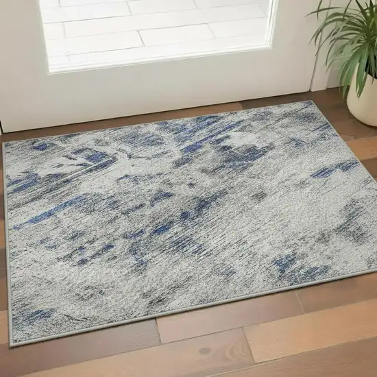 Blue Gray And Silver Floral Washable Area Rug With UV Protection Photo 2
