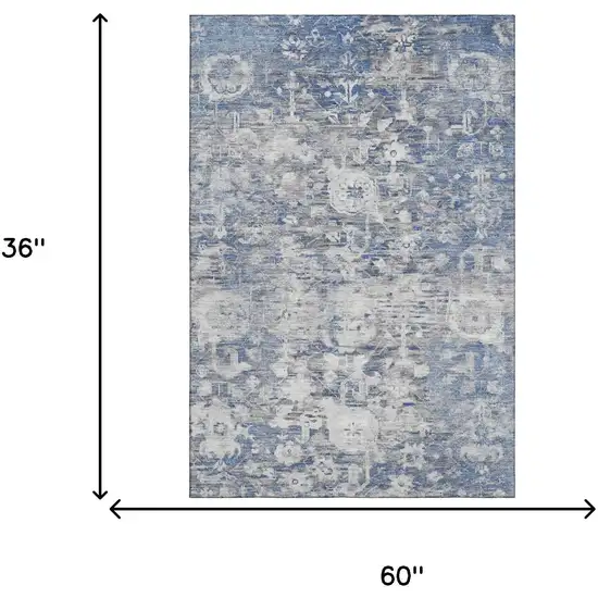 Blue Gray And Silver Floral Washable Area Rug With UV Protection Photo 3