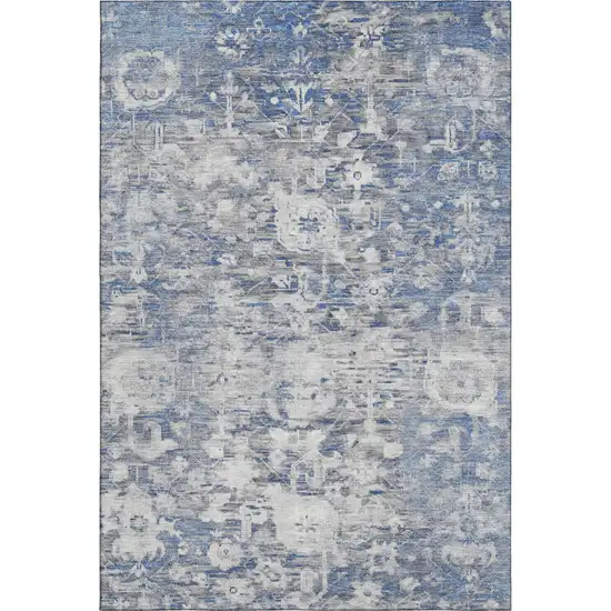 Blue Gray And Silver Floral Washable Area Rug With UV Protection Photo 5