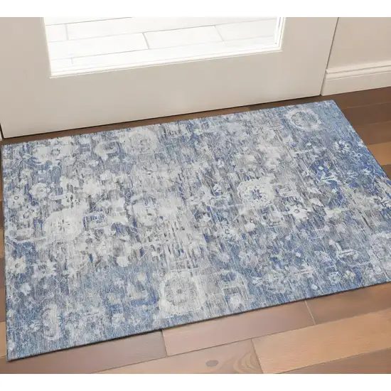 Blue Gray And Silver Floral Washable Area Rug With UV Protection Photo 1