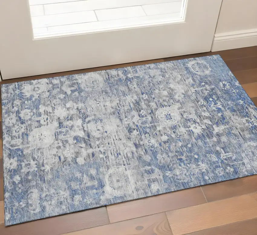 Blue Gray And Silver Floral Washable Area Rug With UV Protection Photo 1